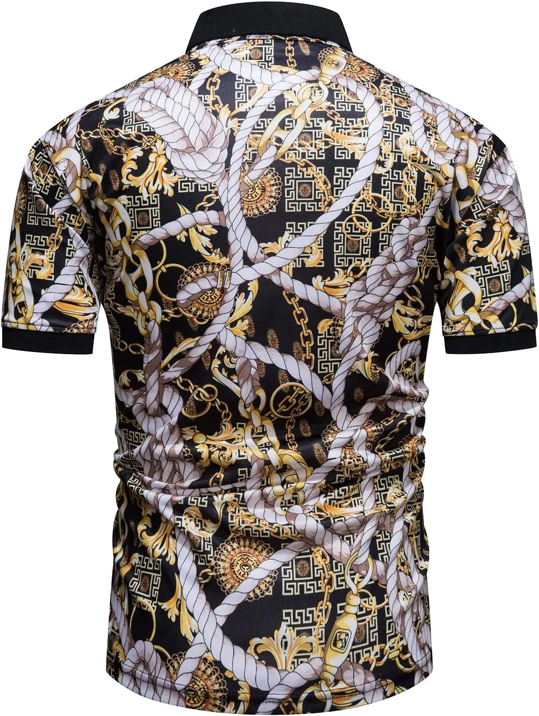 Mens Luxury Polo Shirts Black Gold Short Sleeve Baroque Chain Print Casual Wicking Golf Flower T-Shirt