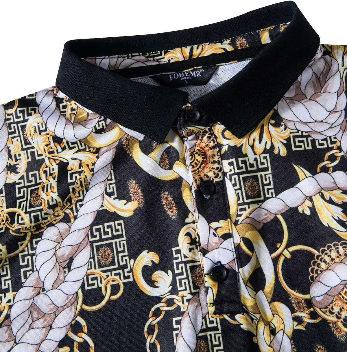 Mens Luxury Polo Shirts Black Gold Short Sleeve Baroque Chain Print Casual Wicking Golf Flower T-Shirt