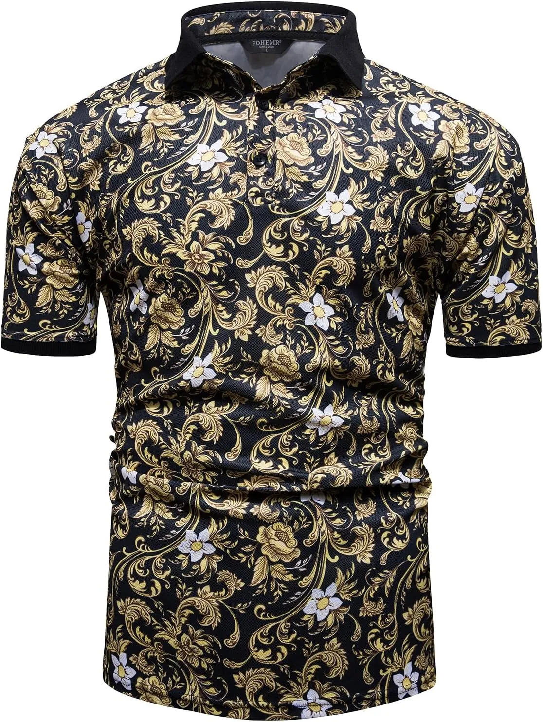 Mens Luxury Polo Shirts Black Gold Short Sleeve Baroque Chain Print Casual Wicking Golf Flower T-Shirt