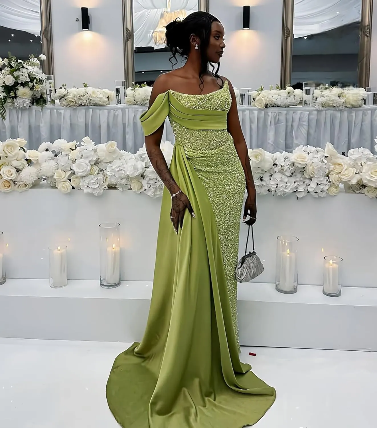 Mermaid Sequin Sparkly Prom Dresses Off Shoulder Bodycon Long Satin Ruched Formal Gowns with Slit