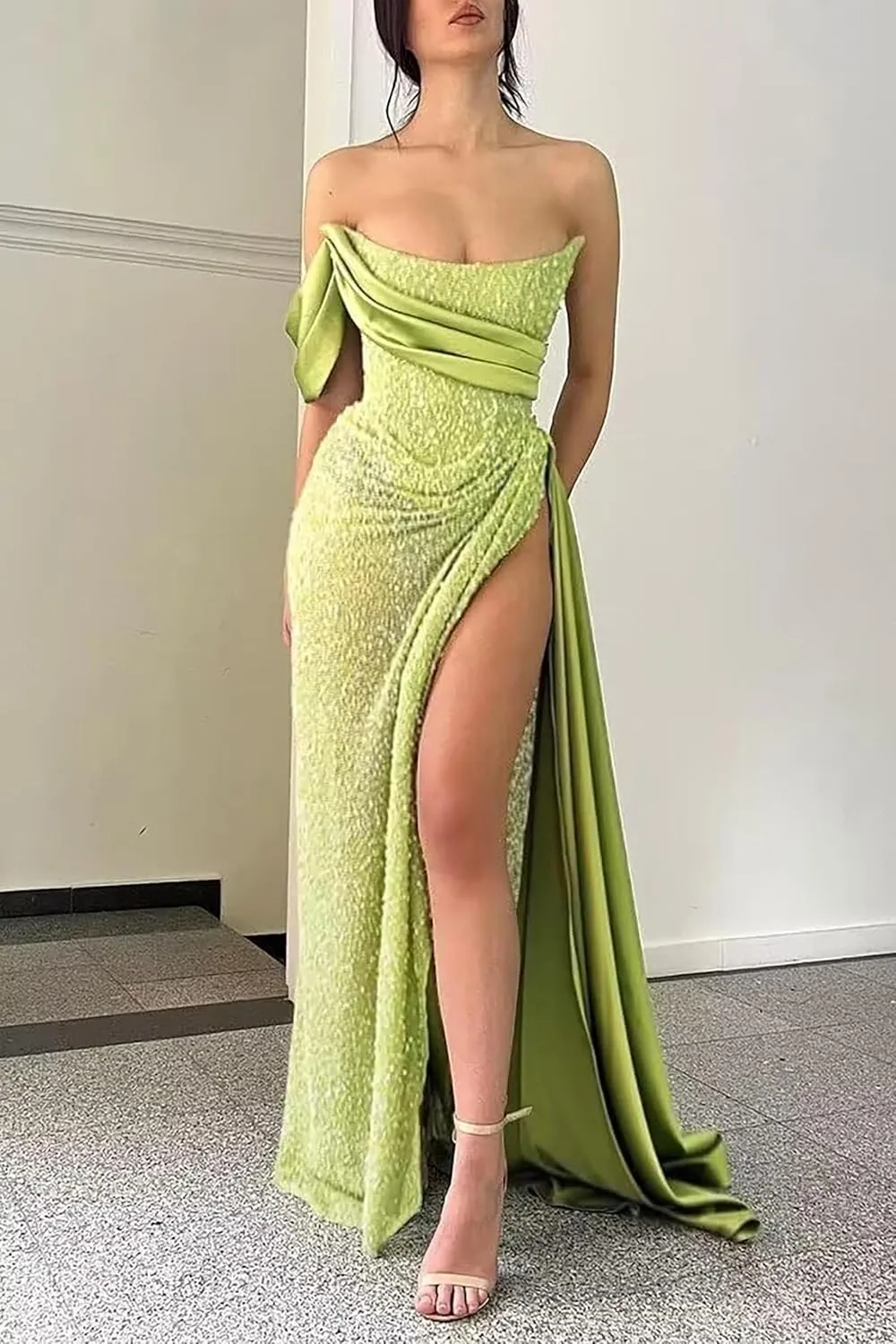 Mermaid Sequin Sparkly Prom Dresses Off Shoulder Bodycon Long Satin Ruched Formal Gowns with Slit