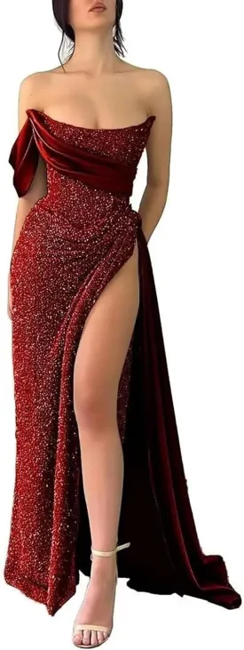 Mermaid Sequin Sparkly Prom Dresses Off Shoulder Bodycon Long Satin Ruched Formal Gowns with Slit Mermaid Sequin Sparkly Prom Dresses Off Shoulder Bodycon Long Satin Ruched Formal Gowns with Slit