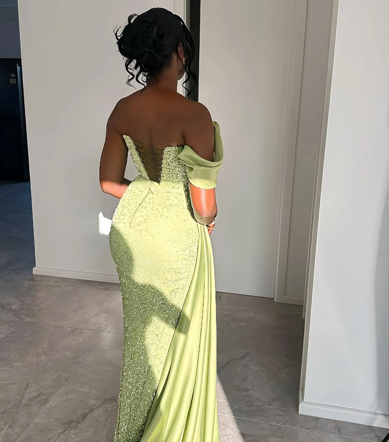 Mermaid Sequin Sparkly Prom Dresses Off Shoulder Bodycon Long Satin Ruched Formal Gowns with Slit