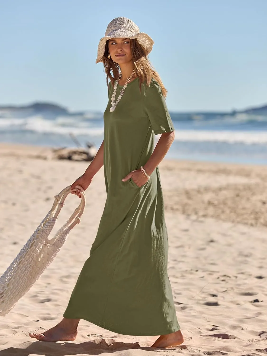 MEROKEETY Women's 2025 Spring Summer Casual Maxi Dress Beach Vacation Short Sleeve Crewneck Basic Long T Shirt Dresses