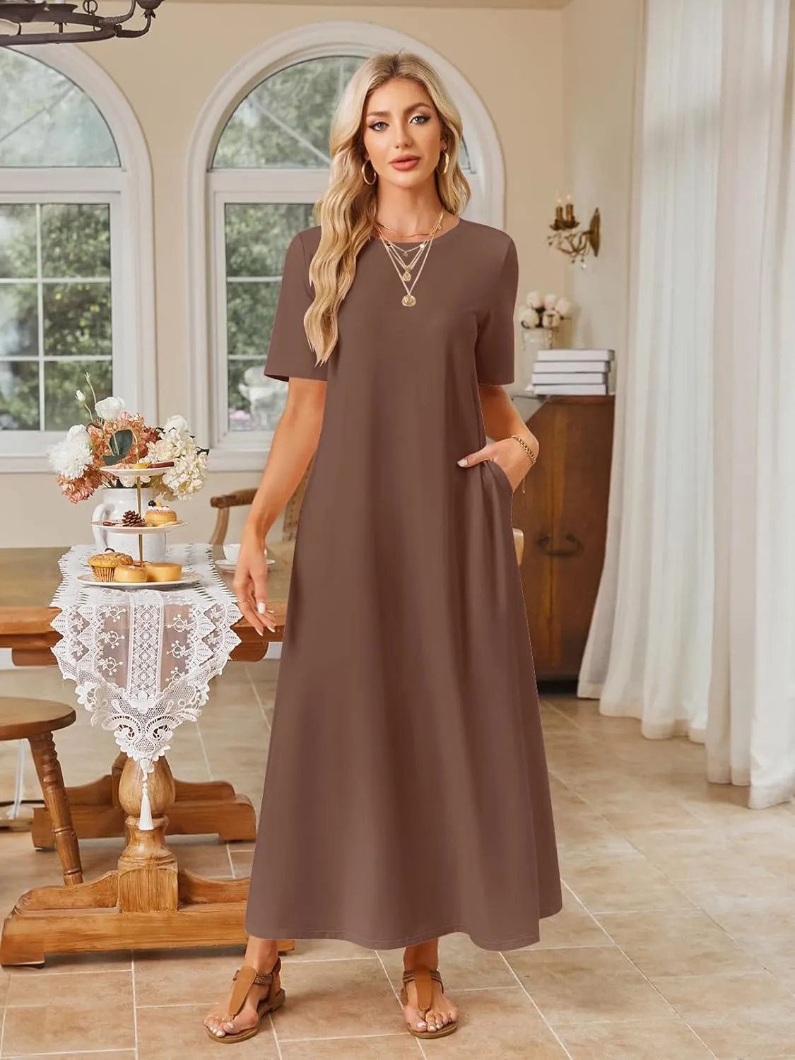MEROKEETY Women's 2025 Spring Summer Casual Maxi Dress Beach Vacation Short Sleeve Crewneck Basic Long T Shirt Dresses