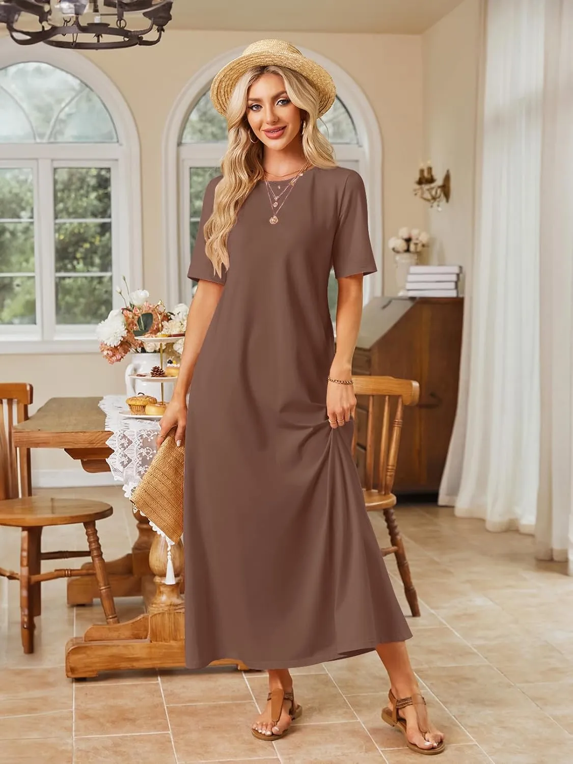 MEROKEETY Women's 2025 Spring Summer Casual Maxi Dress Beach Vacation Short Sleeve Crewneck Basic Long T Shirt Dresses