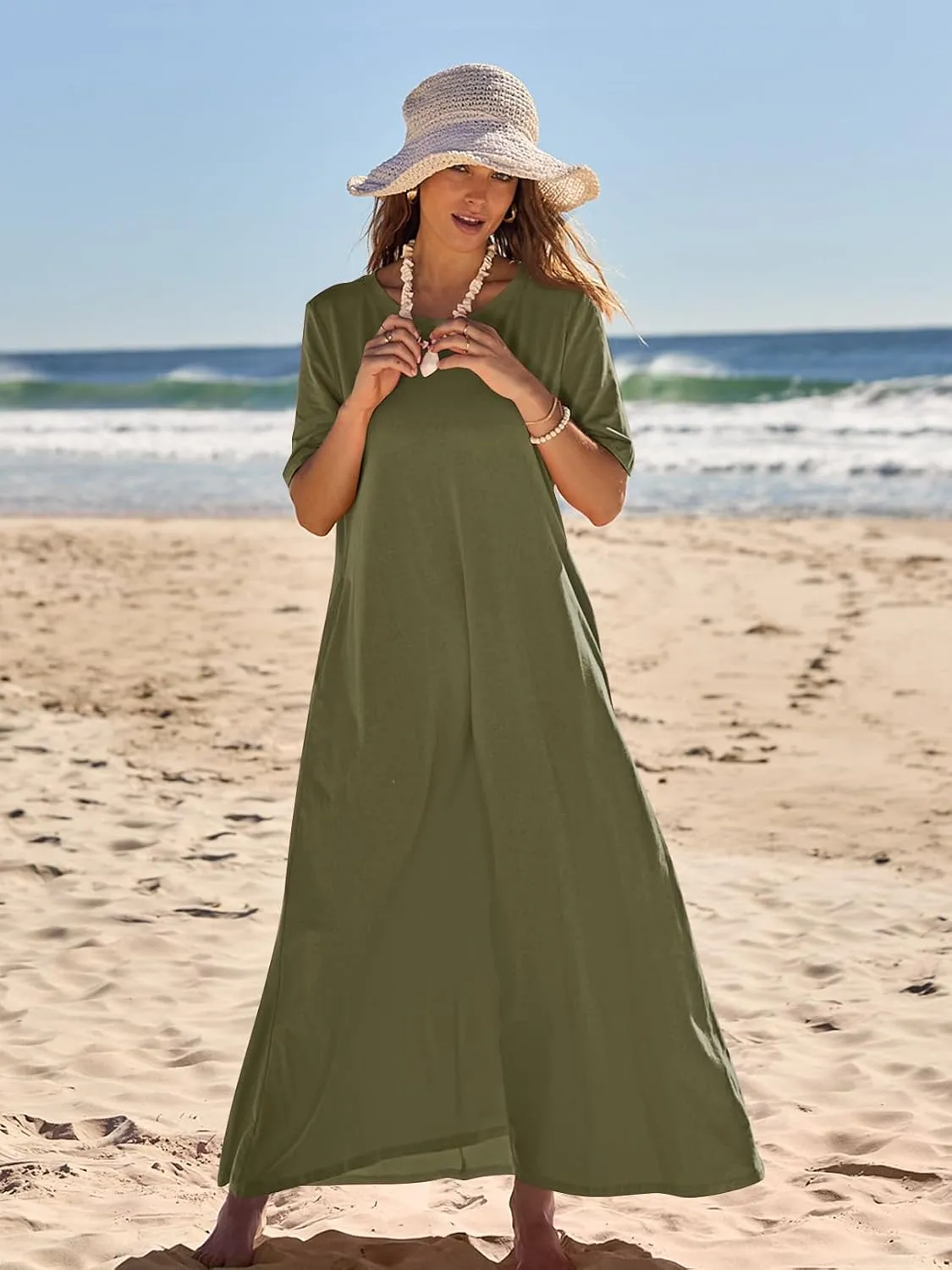 MEROKEETY Women's 2025 Spring Summer Casual Maxi Dress Beach Vacation Short Sleeve Crewneck Basic Long T Shirt Dresses