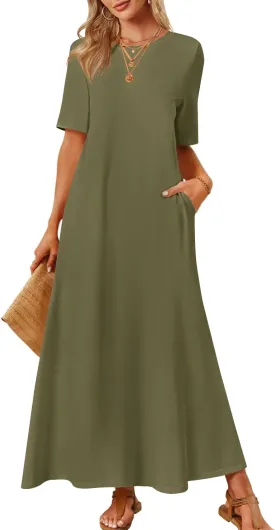MEROKEETY Women's 2025 Spring Summer Casual Maxi Dress Beach Vacation Short Sleeve Crewneck Basic Long T Shirt Dresses