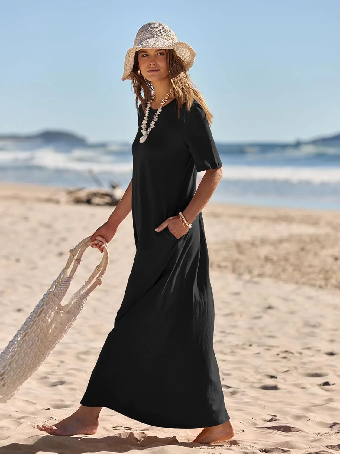 MEROKEETY Women's 2025 Spring Summer Casual Maxi Dress Beach Vacation Short Sleeve Crewneck Basic Long T Shirt Dresses