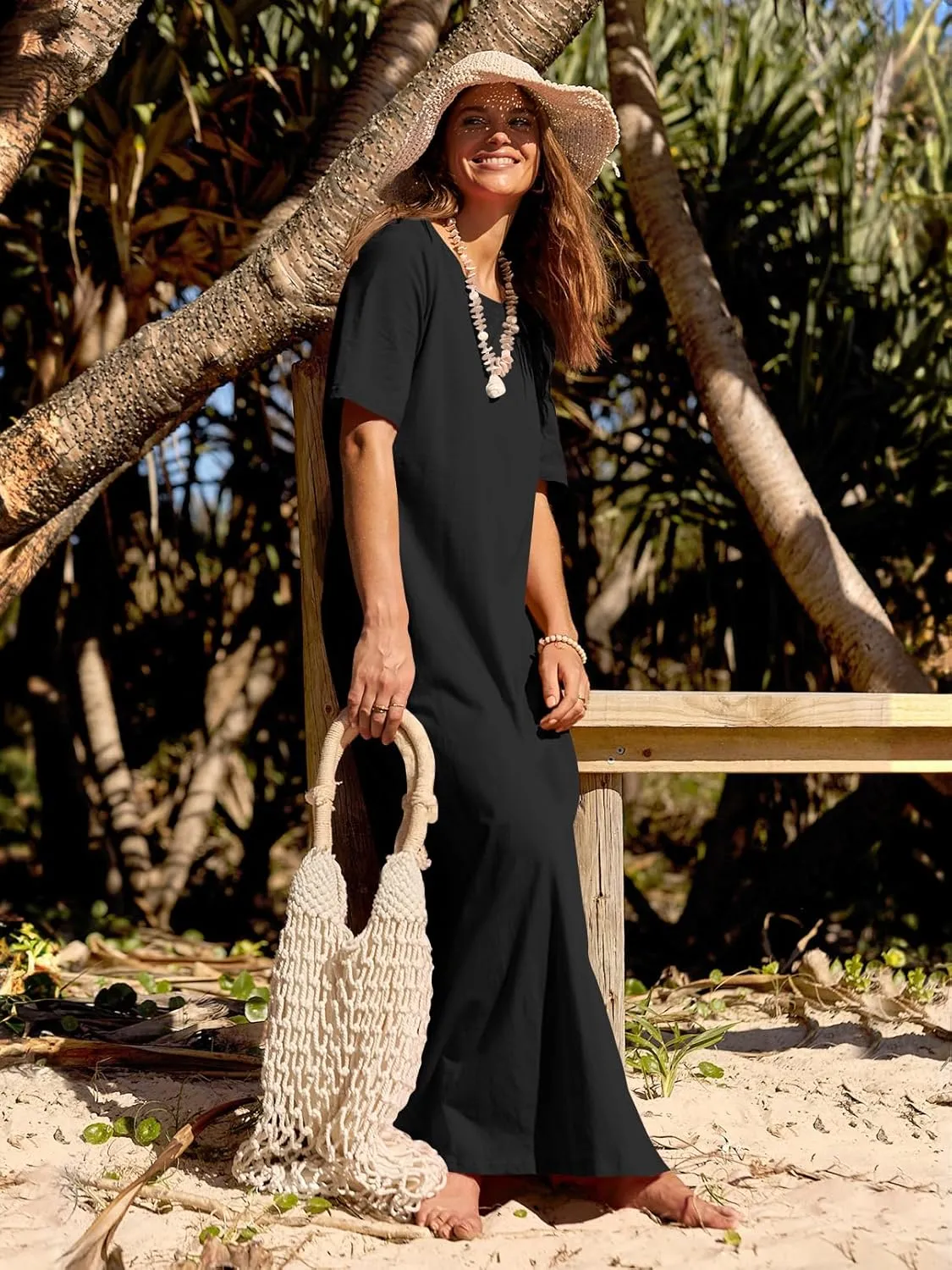 MEROKEETY Women's 2025 Spring Summer Casual Maxi Dress Beach Vacation Short Sleeve Crewneck Basic Long T Shirt Dresses