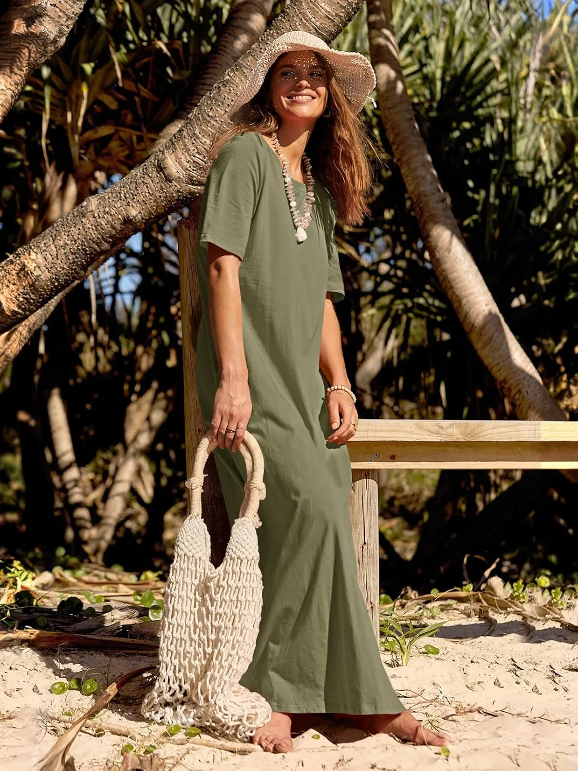 MEROKEETY Women's 2025 Spring Summer Casual Maxi Dress Beach Vacation Short Sleeve Crewneck Basic Long T Shirt Dresses