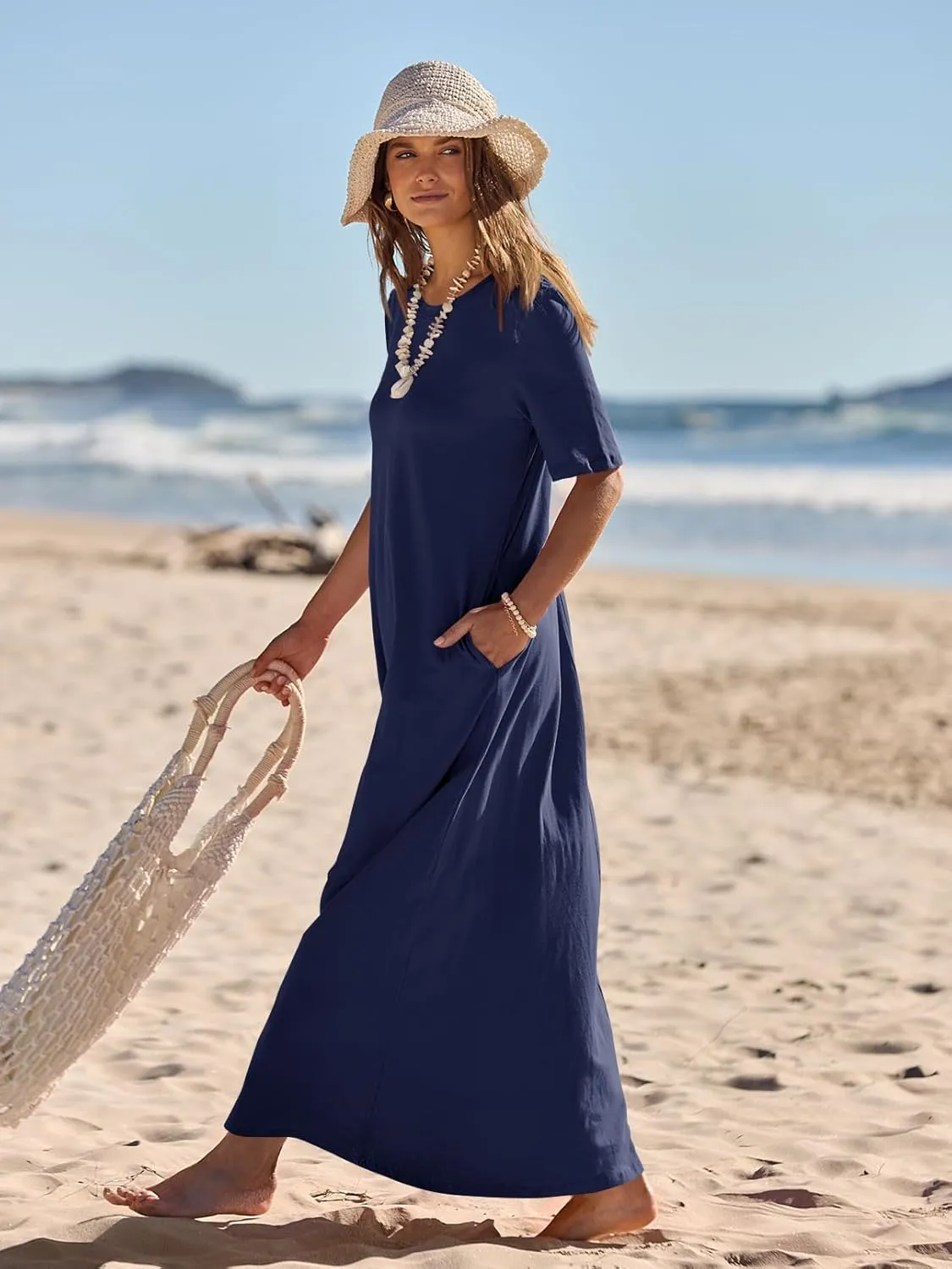 MEROKEETY Women's 2025 Spring Summer Casual Maxi Dress Beach Vacation Short Sleeve Crewneck Basic Long T Shirt Dresses