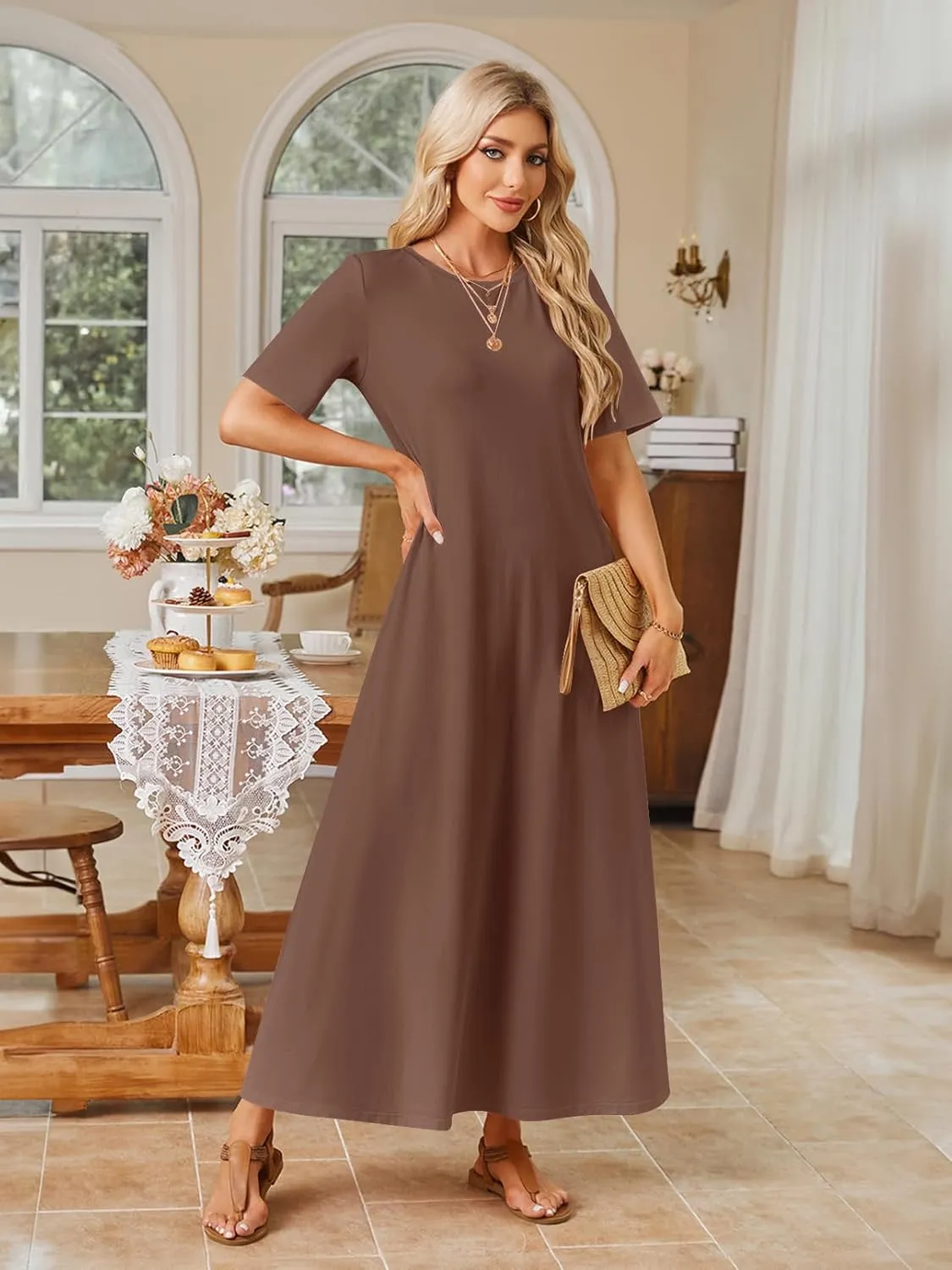 MEROKEETY Women's 2025 Spring Summer Casual Maxi Dress Beach Vacation Short Sleeve Crewneck Basic Long T Shirt Dresses