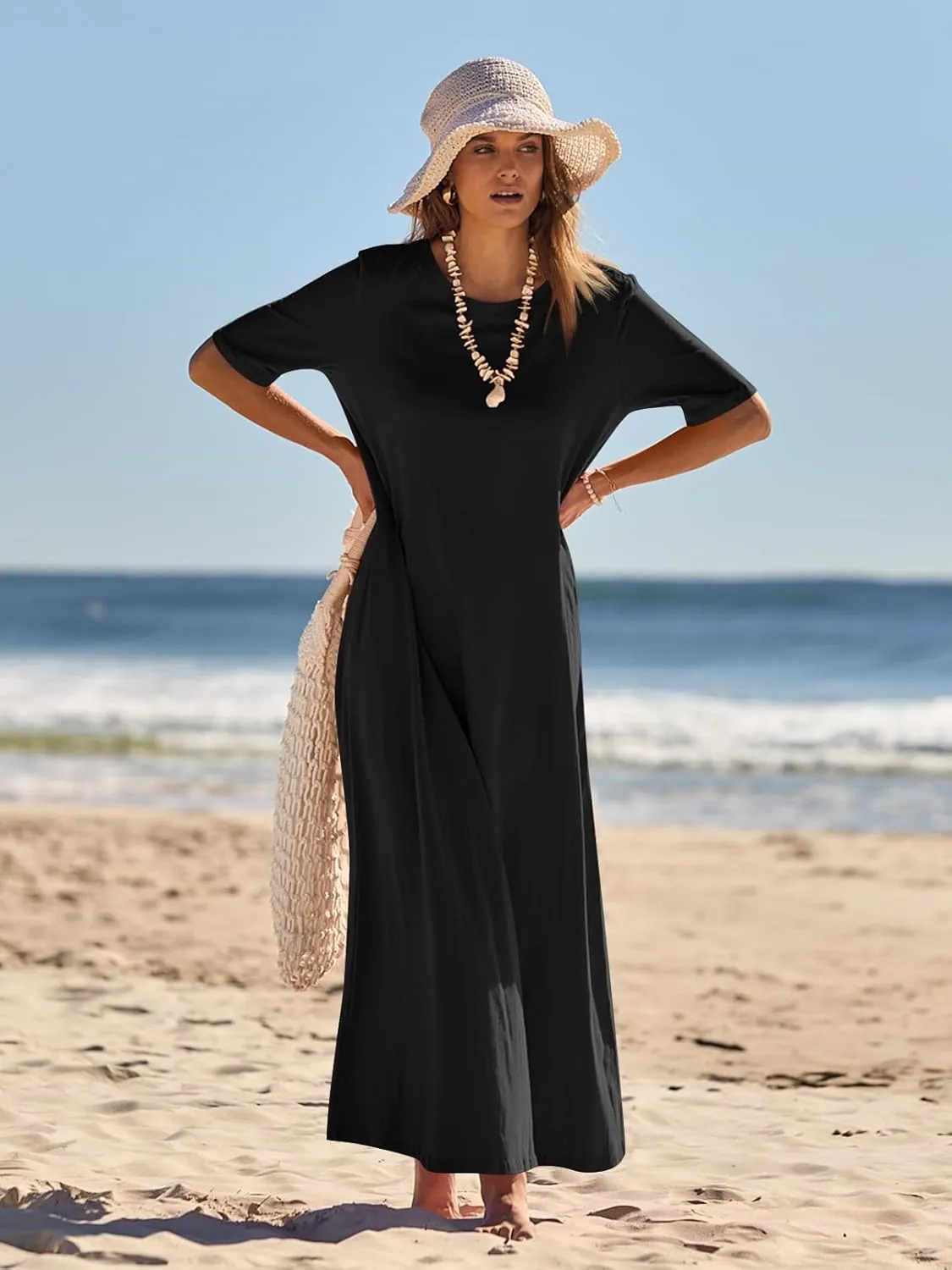 MEROKEETY Women's 2025 Spring Summer Casual Maxi Dress Beach Vacation Short Sleeve Crewneck Basic Long T Shirt Dresses