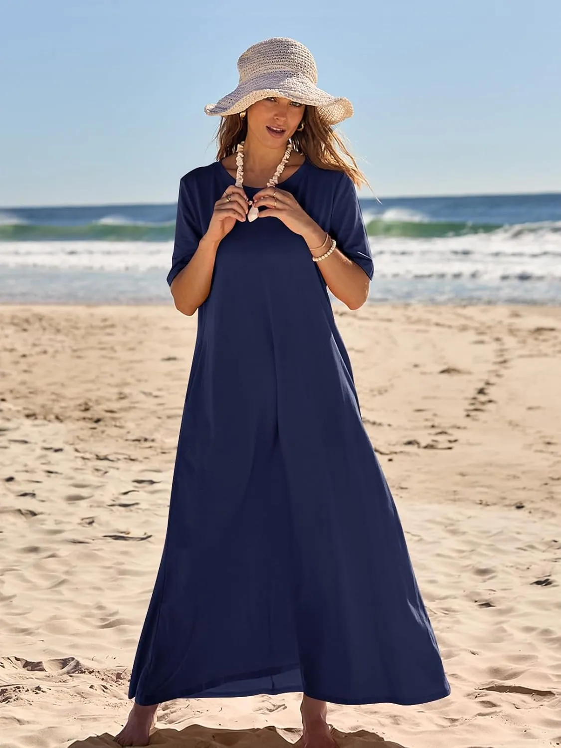 MEROKEETY Women's 2025 Spring Summer Casual Maxi Dress Beach Vacation Short Sleeve Crewneck Basic Long T Shirt Dresses