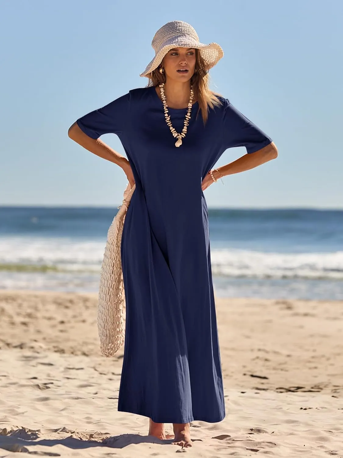 MEROKEETY Women's 2025 Spring Summer Casual Maxi Dress Beach Vacation Short Sleeve Crewneck Basic Long T Shirt Dresses