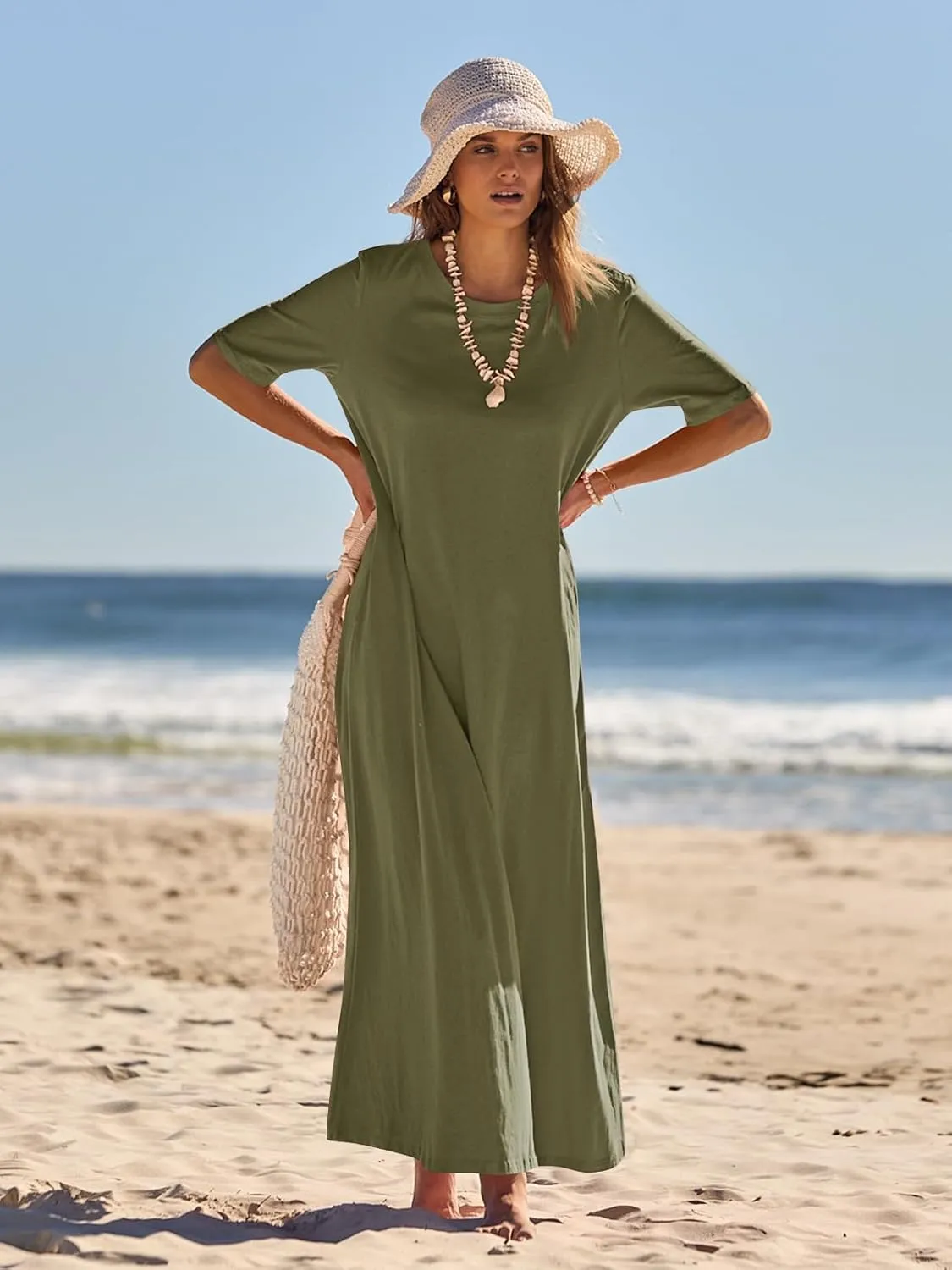 MEROKEETY Women's 2025 Spring Summer Casual Maxi Dress Beach Vacation Short Sleeve Crewneck Basic Long T Shirt Dresses
