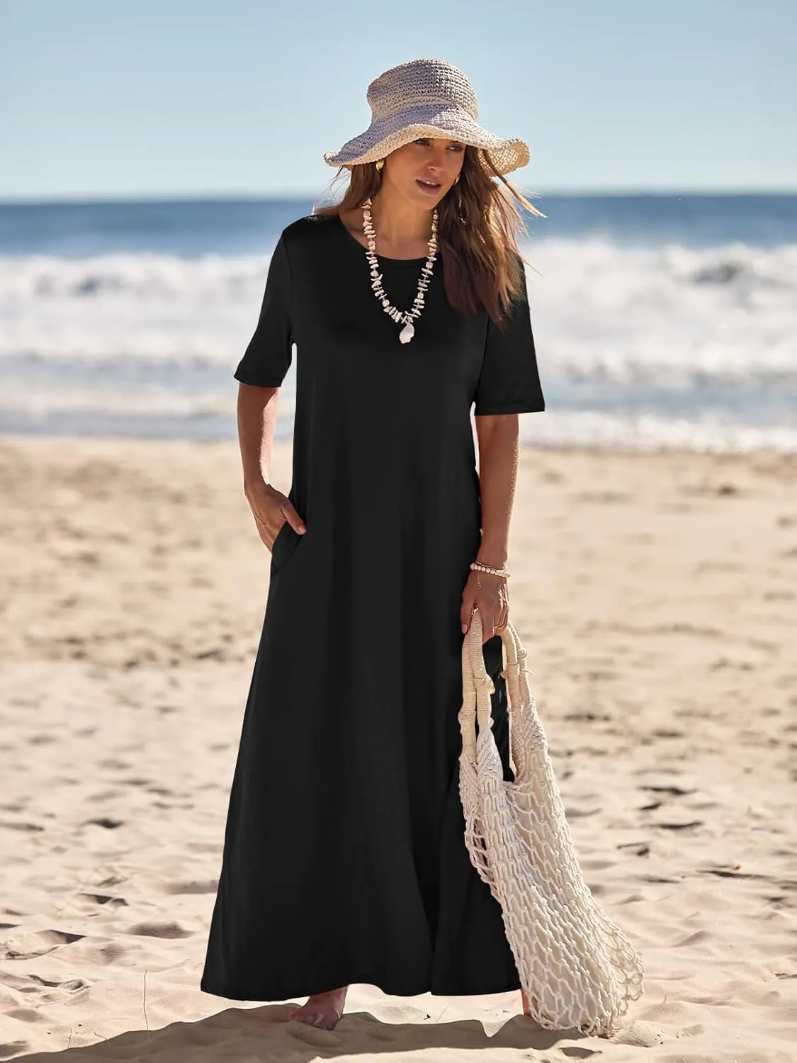 MEROKEETY Women's 2025 Spring Summer Casual Maxi Dress Beach Vacation Short Sleeve Crewneck Basic Long T Shirt Dresses