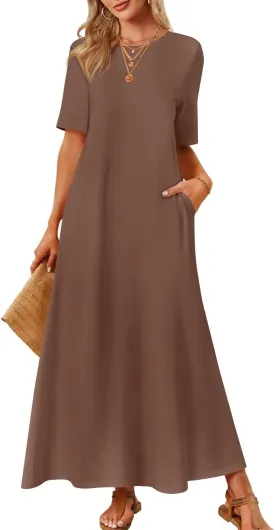 MEROKEETY Women's 2025 Spring Summer Casual Maxi Dress Beach Vacation Short Sleeve Crewneck Basic Long T Shirt Dresses