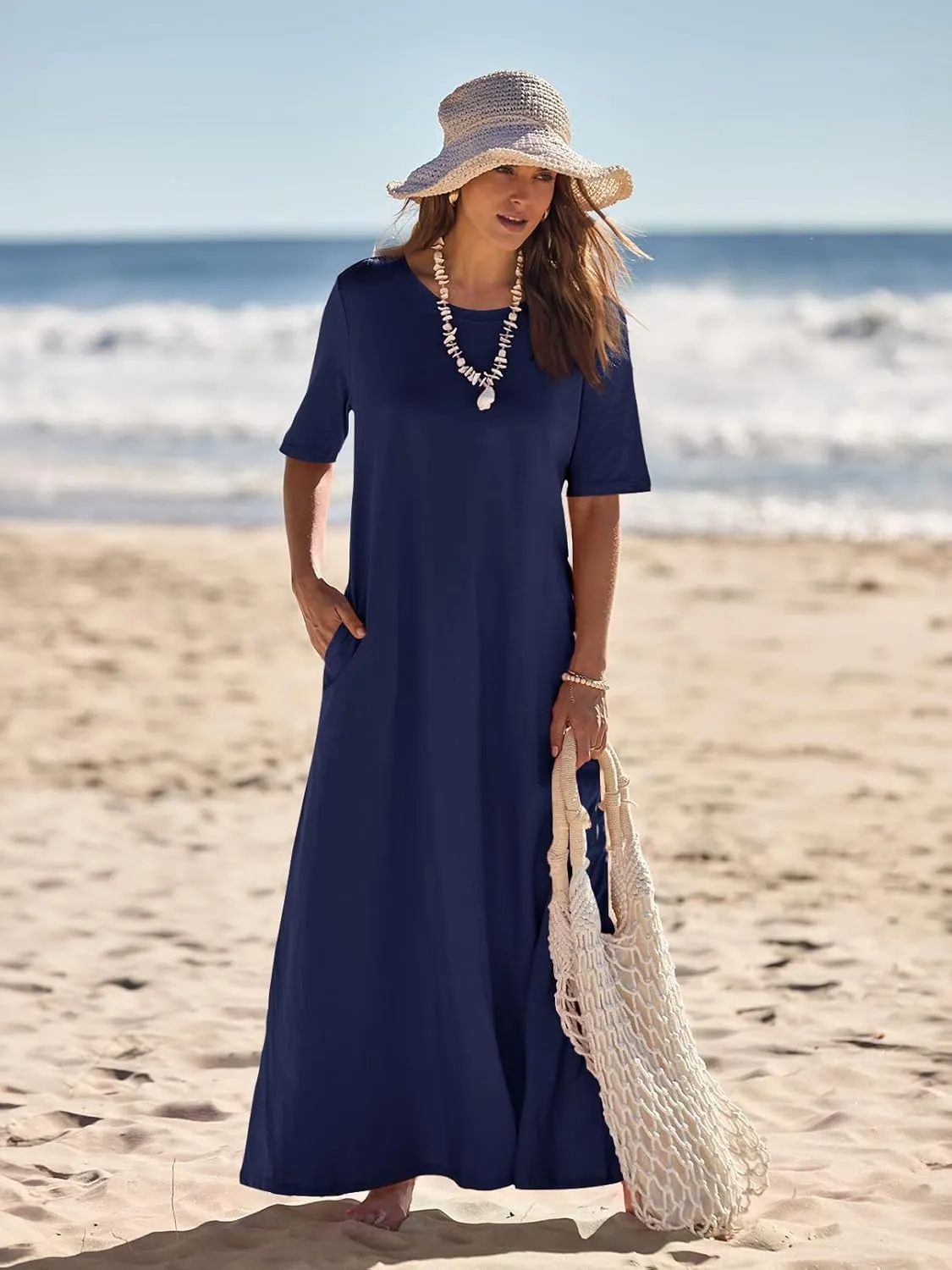 MEROKEETY Women's 2025 Spring Summer Casual Maxi Dress Beach Vacation Short Sleeve Crewneck Basic Long T Shirt Dresses
