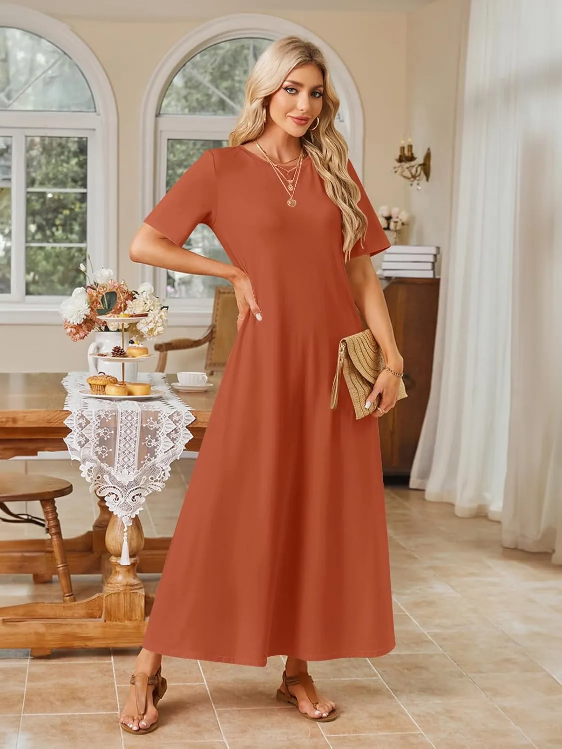 MEROKEETY Women's 2025 Spring Summer Casual Maxi Dress Beach Vacation Short Sleeve Crewneck Basic Long T Shirt Dresses