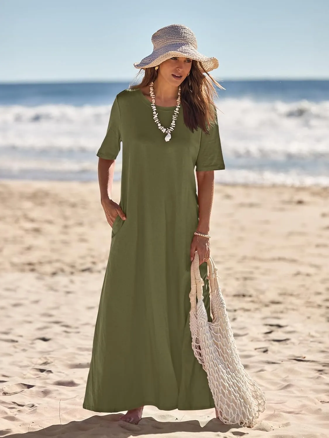 MEROKEETY Women's 2025 Spring Summer Casual Maxi Dress Beach Vacation Short Sleeve Crewneck Basic Long T Shirt Dresses