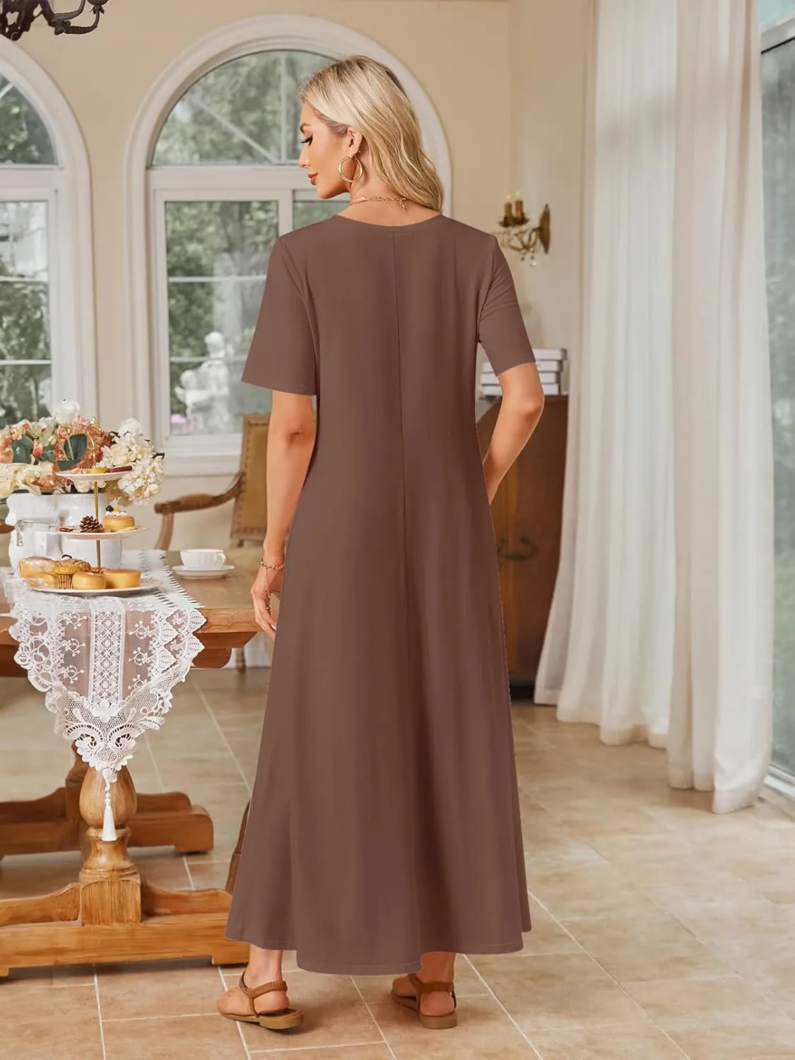 MEROKEETY Women's 2025 Spring Summer Casual Maxi Dress Beach Vacation Short Sleeve Crewneck Basic Long T Shirt Dresses