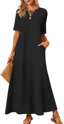 MEROKEETY Women's 2025 Spring Summer Casual Maxi Dress Beach Vacation Short Sleeve Crewneck Basic Long T Shirt Dresses