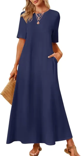 MEROKEETY Women's 2025 Spring Summer Casual Maxi Dress Beach Vacation Short Sleeve Crewneck Basic Long T Shirt Dresses