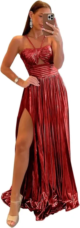 Metallic Prom Dresses Sparkly Satin Pleated A-line Keyhole Bodycon Spaghetti Straps 2025 Long Gowns with Slit