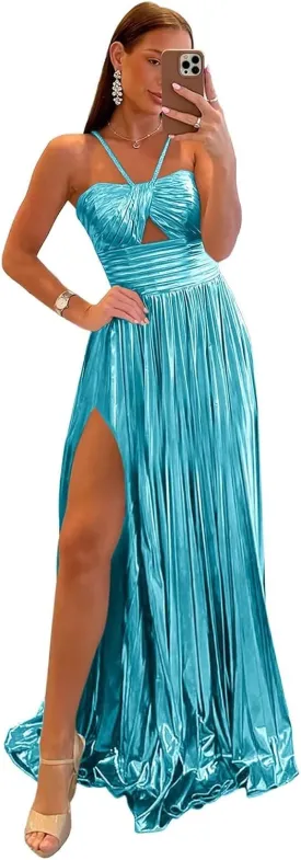 Metallic Prom Dresses Sparkly Satin Pleated A-line Keyhole Bodycon Spaghetti Straps 2025 Long Gowns with Slit
