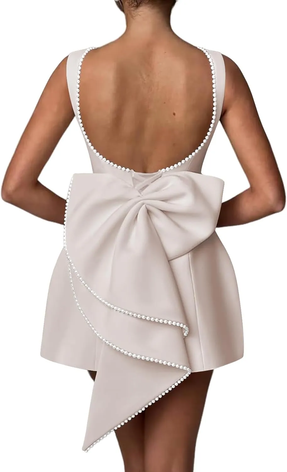 Mini Prom Dress Pearl Satin Evening Dress with Bow Backless Bodycon Formal Party Gowns