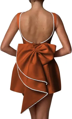 Mini Prom Dress Pearl Satin Evening Dress with Bow Backless Bodycon Formal Party Gowns