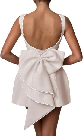 Mini Prom Dress Pearl Satin Evening Dress with Bow Backless Bodycon Formal Party Gowns