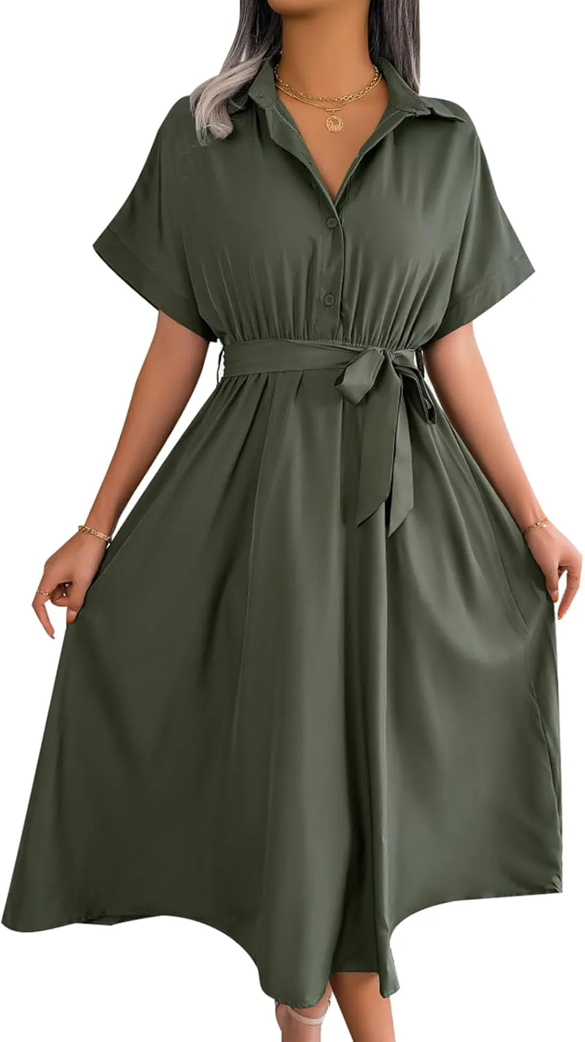 MINTLIMIT Womens Button Down Shirt Dress Short Sleeve Tie Waist Aline Dress Summer Casual Midi Dresses