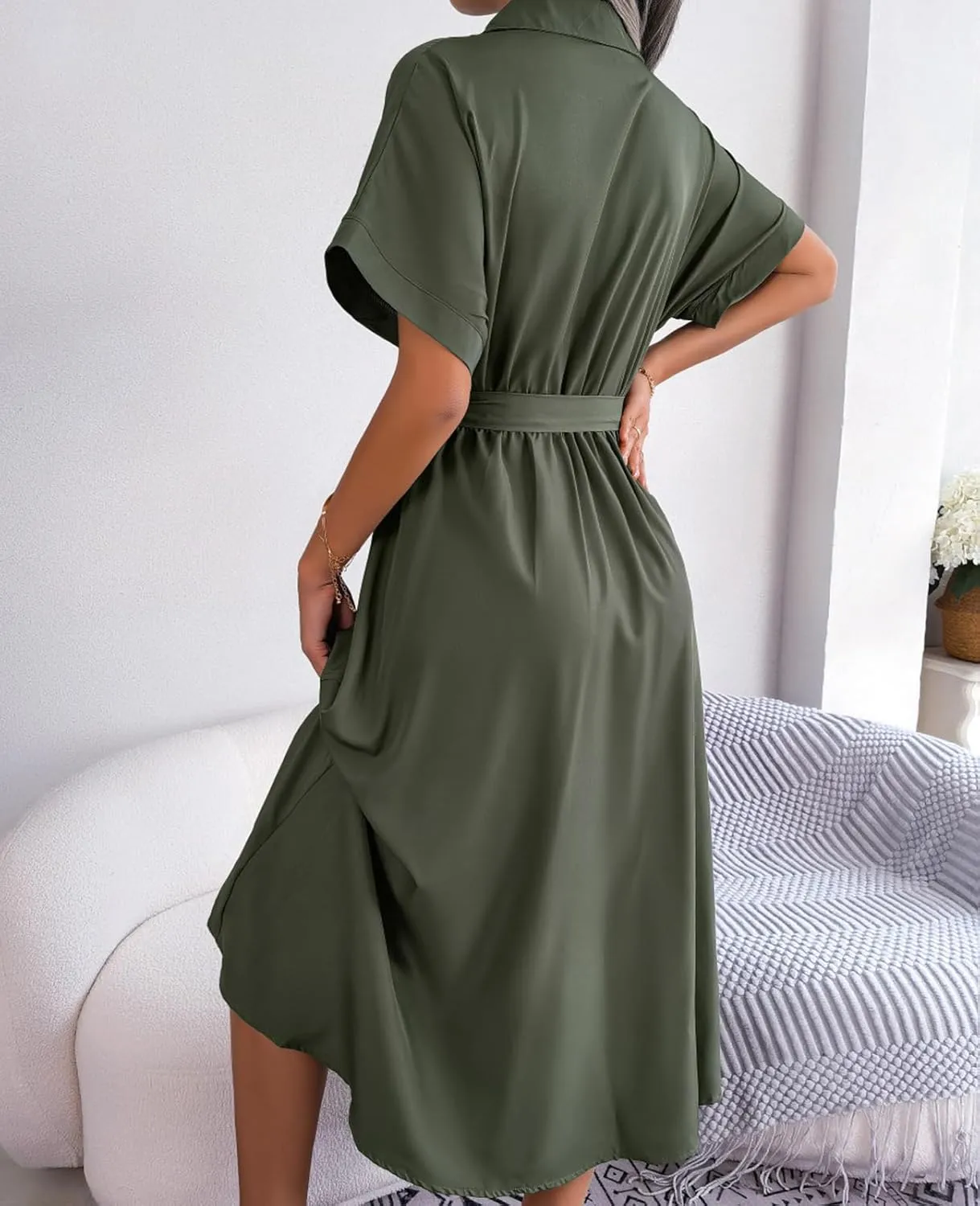 MINTLIMIT Womens Button Down Shirt Dress Short Sleeve Tie Waist Aline Dress Summer Casual Midi Dresses
