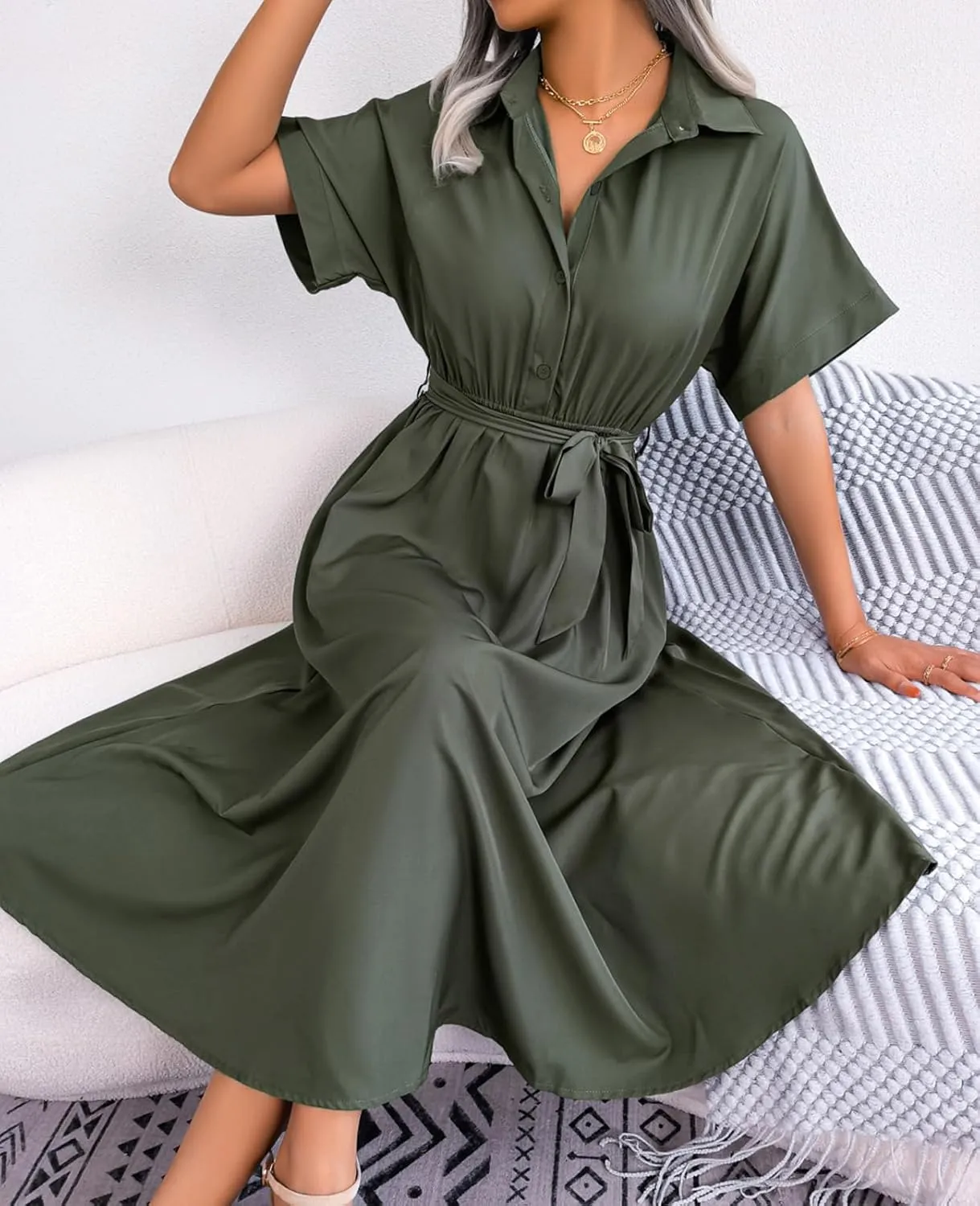 MINTLIMIT Womens Button Down Shirt Dress Short Sleeve Tie Waist Aline Dress Summer Casual Midi Dresses