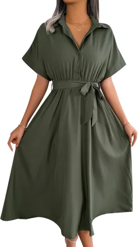 MINTLIMIT Womens Button Down Shirt Dress Short Sleeve Tie Waist Aline Dress Summer Casual Midi Dresses