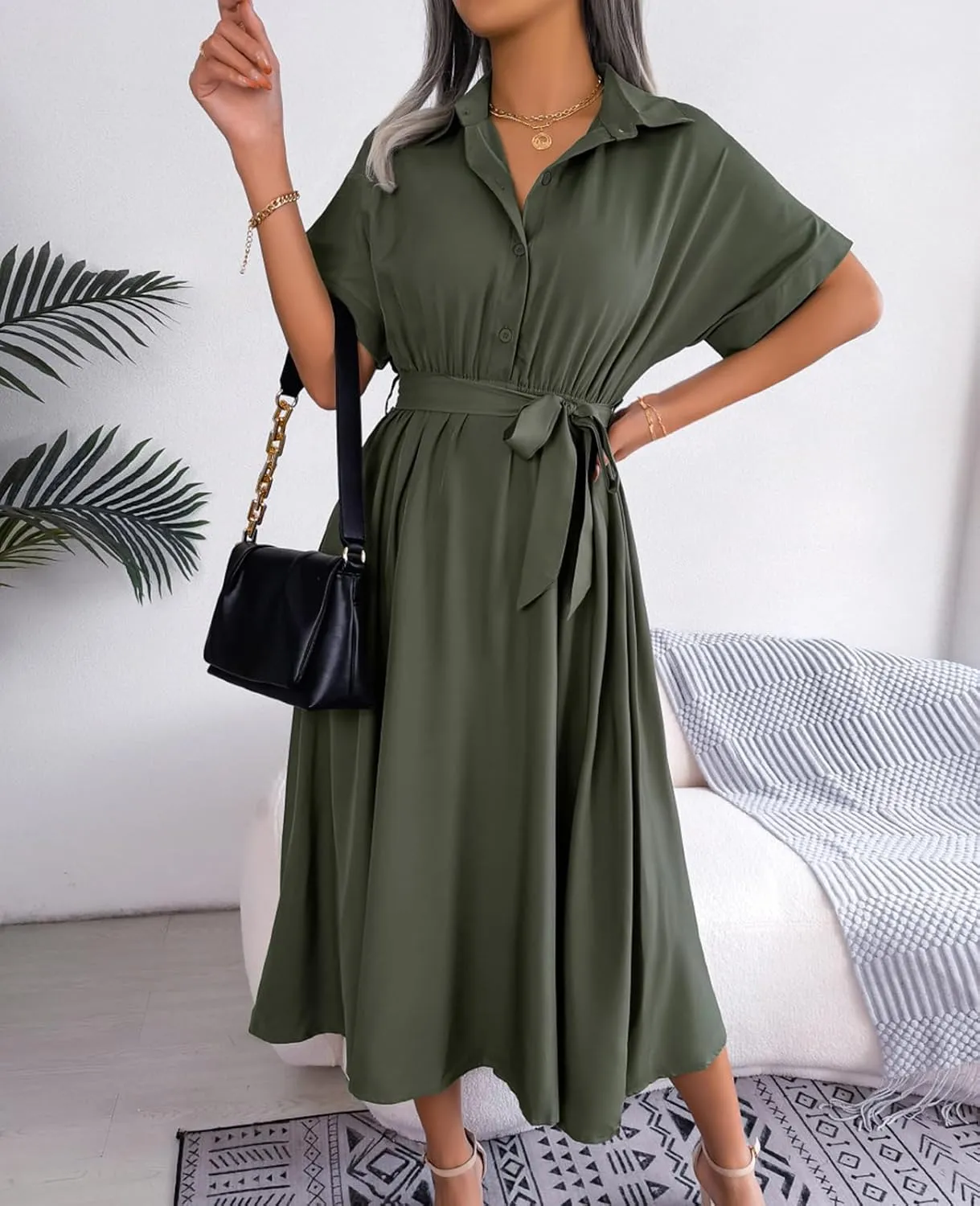 MINTLIMIT Womens Button Down Shirt Dress Short Sleeve Tie Waist Aline Dress Summer Casual Midi Dresses