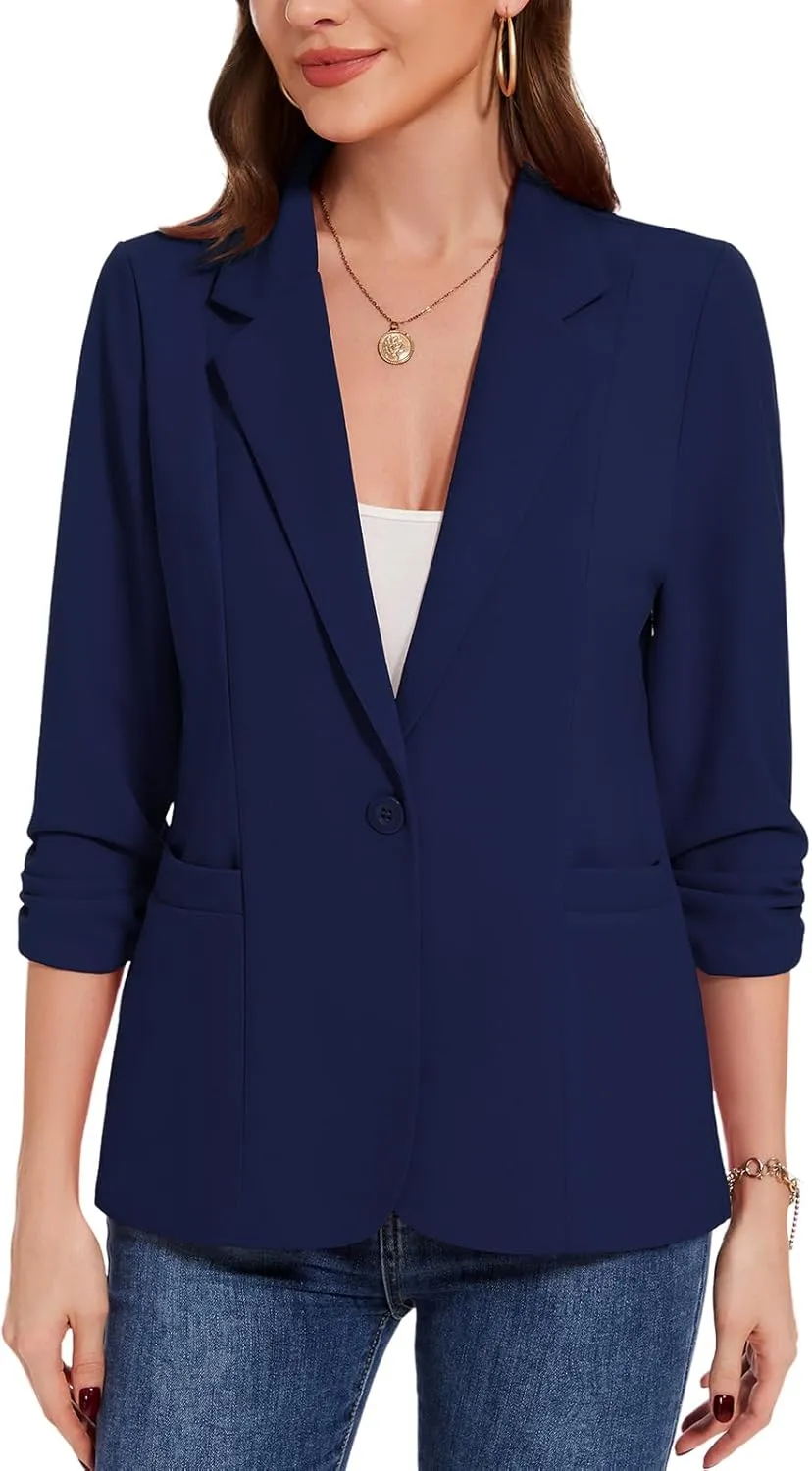 MINTLIMIT Womens Casual Blazers 3/4 Ruched Sleeve One Button Blazer Lapel Collar Business Office Suit Jacket with Pockets