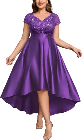 MISSMAY Women's Plus Size Lace Sequin Contrast Satin High Low A-Line Hem Prom Party Formal Dress