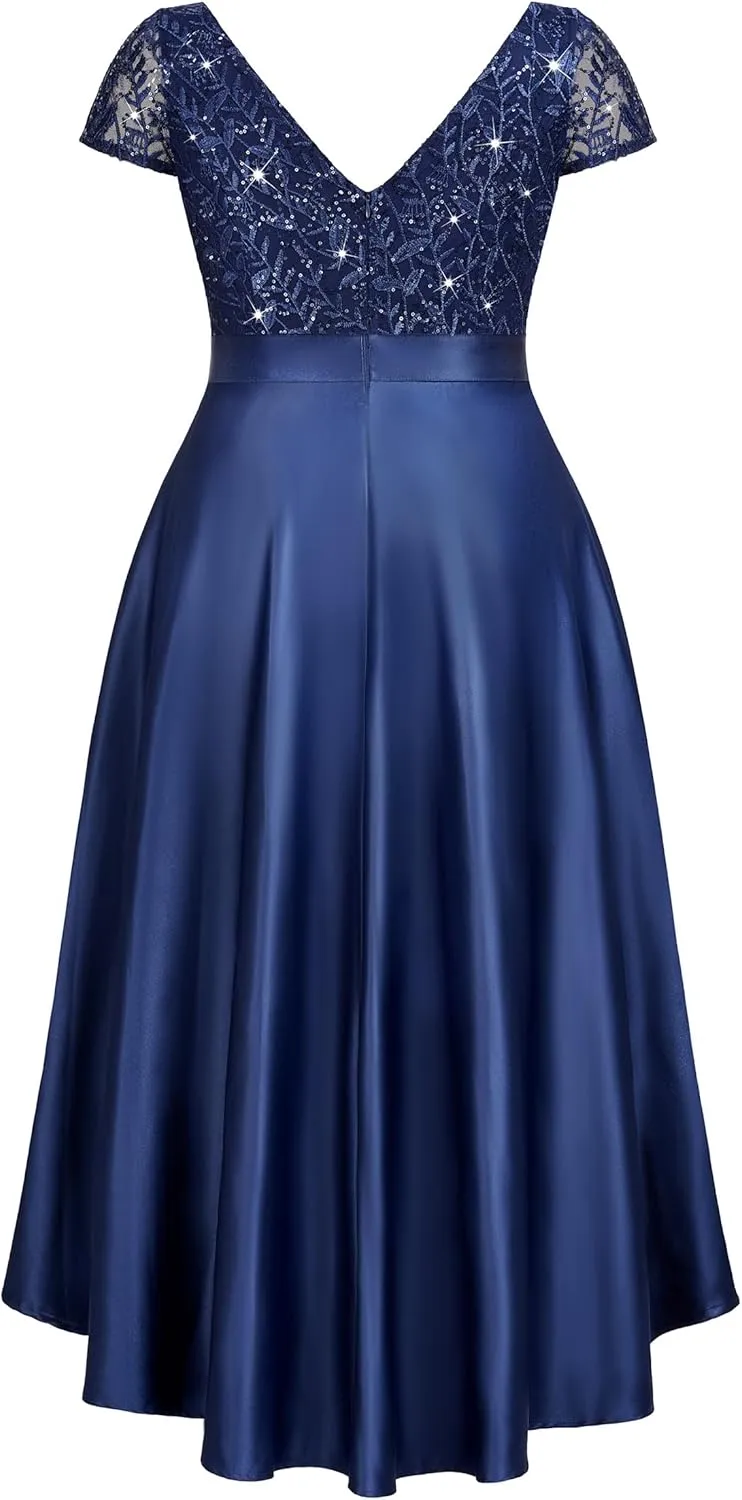 MISSMAY Women's Plus Size Lace Sequin Contrast Satin High Low A-Line Hem Prom Party Formal Dress