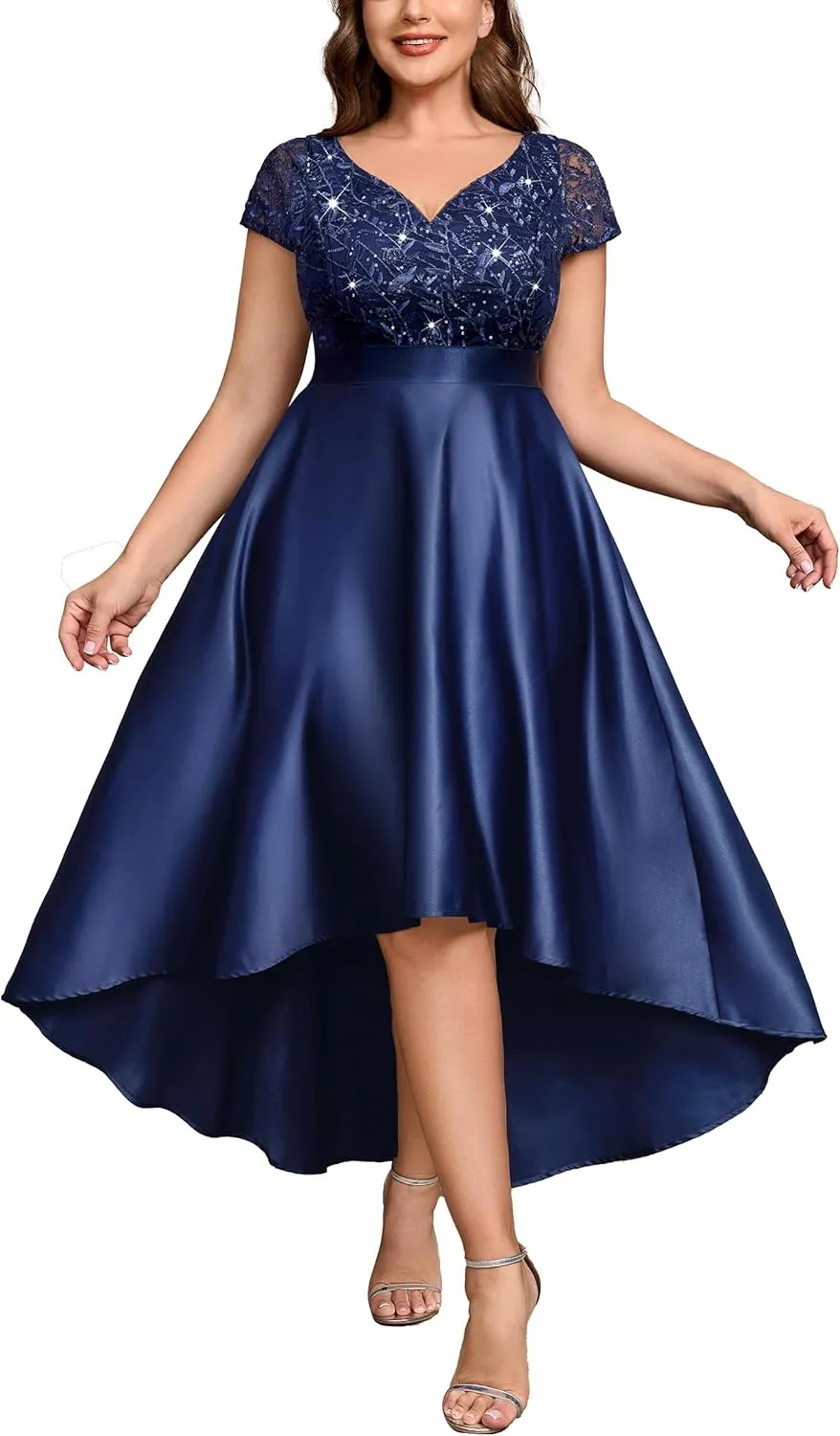 MISSMAY Women's Plus Size Lace Sequin Contrast Satin High Low A-Line Hem Prom Party Formal Dress