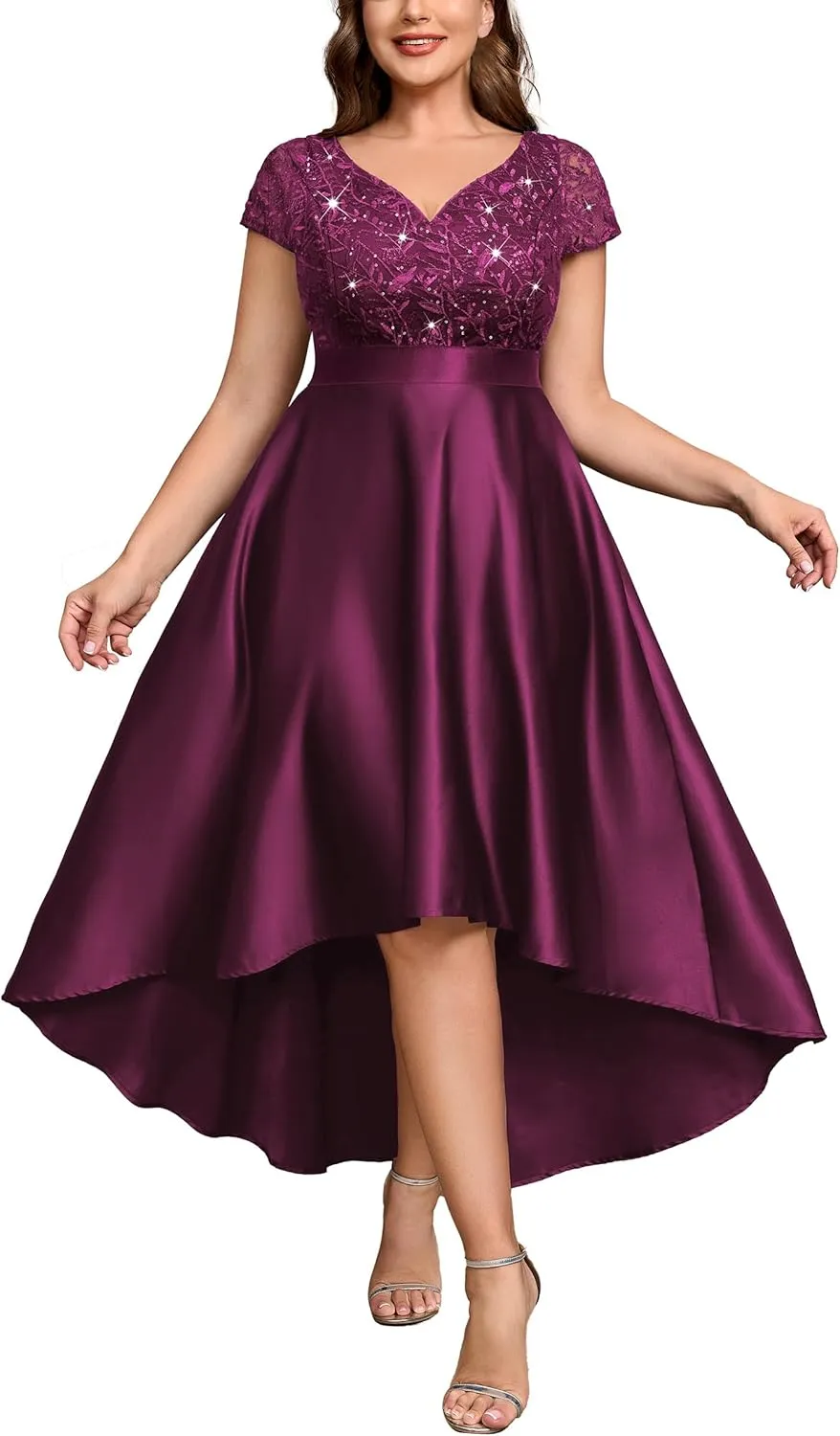MISSMAY Women's Plus Size Lace Sequin Contrast Satin High Low A-Line Hem Prom Party Formal Dress