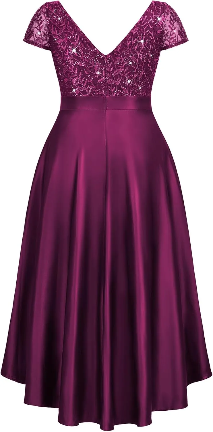 MISSMAY Women's Plus Size Lace Sequin Contrast Satin High Low A-Line Hem Prom Party Formal Dress