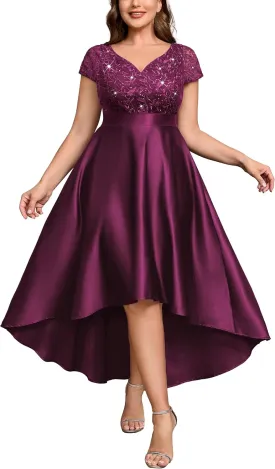 MISSMAY Women's Plus Size Lace Sequin Contrast Satin High Low A-Line Hem Prom Party Formal Dress