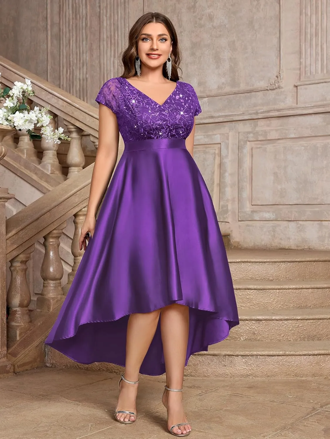 MISSMAY Women's Plus Size Lace Sequin Contrast Satin High Low A-Line Hem Prom Party Formal Dress