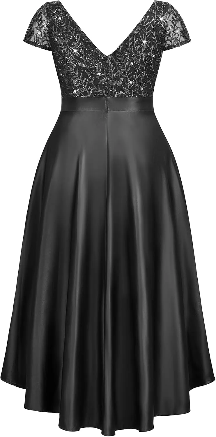 MISSMAY Women's Plus Size Lace Sequin Contrast Satin High Low A-Line Hem Prom Party Formal Dress