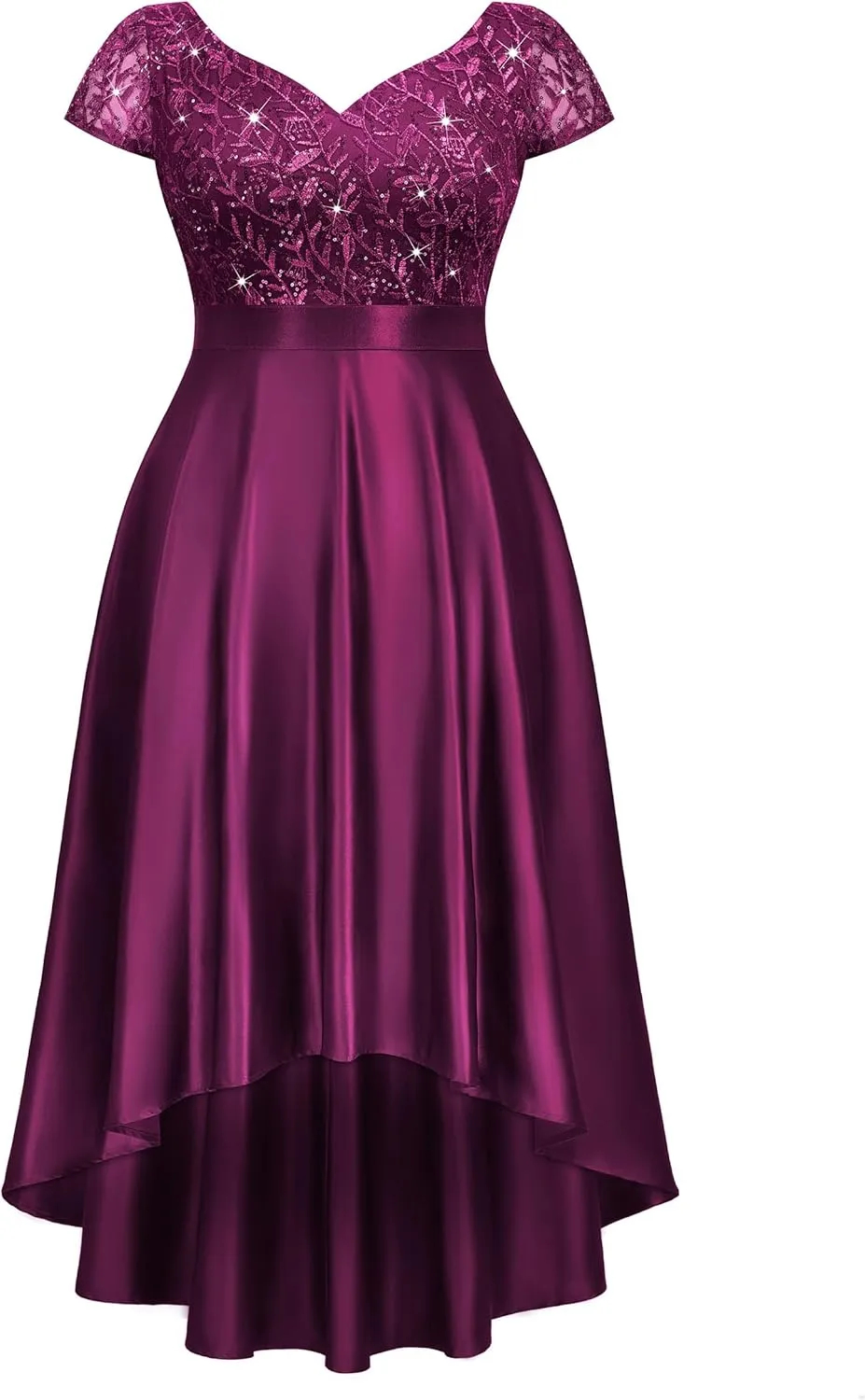 MISSMAY Women's Plus Size Lace Sequin Contrast Satin High Low A-Line Hem Prom Party Formal Dress