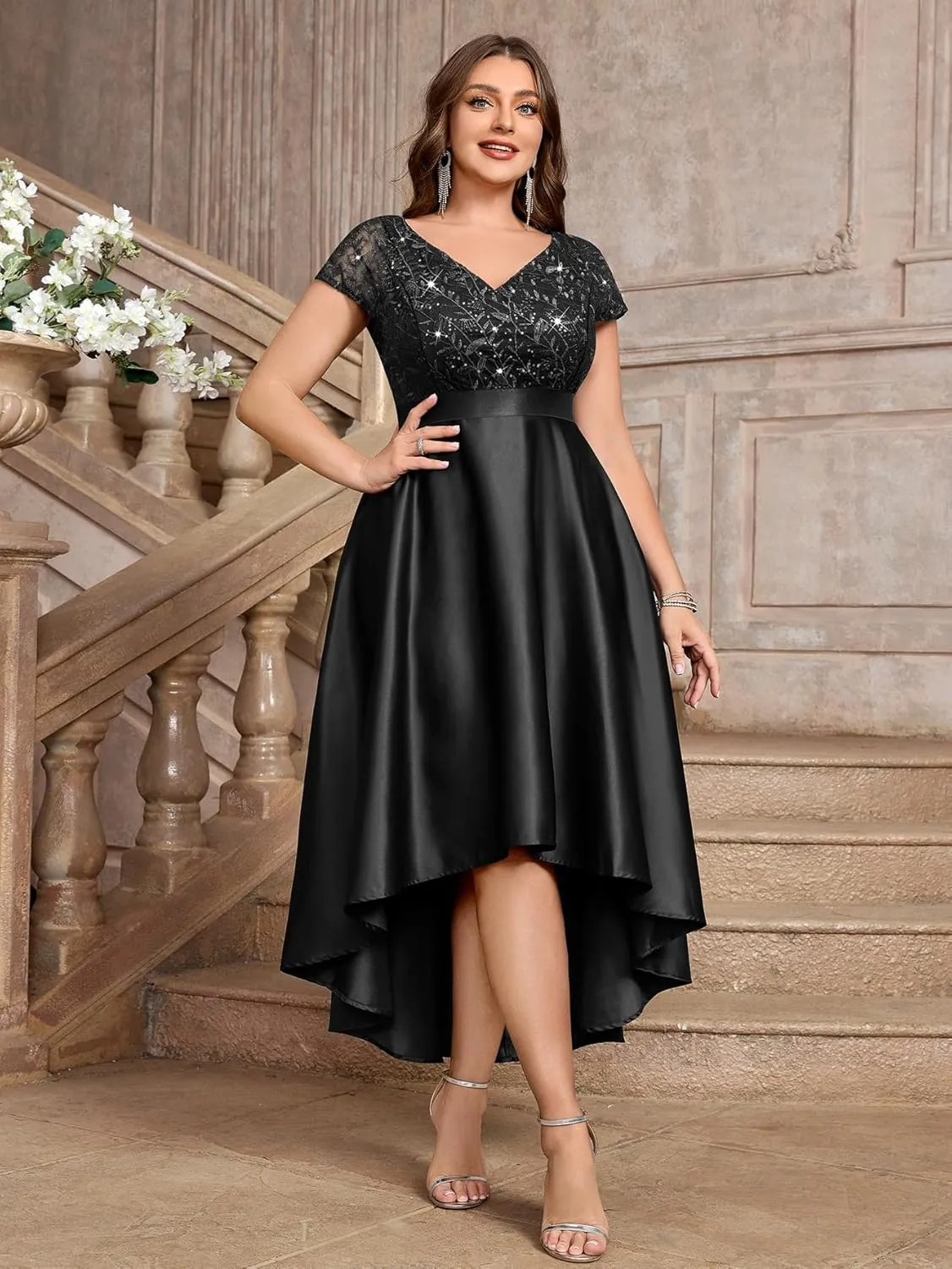 MISSMAY Women's Plus Size Lace Sequin Contrast Satin High Low A-Line Hem Prom Party Formal Dress